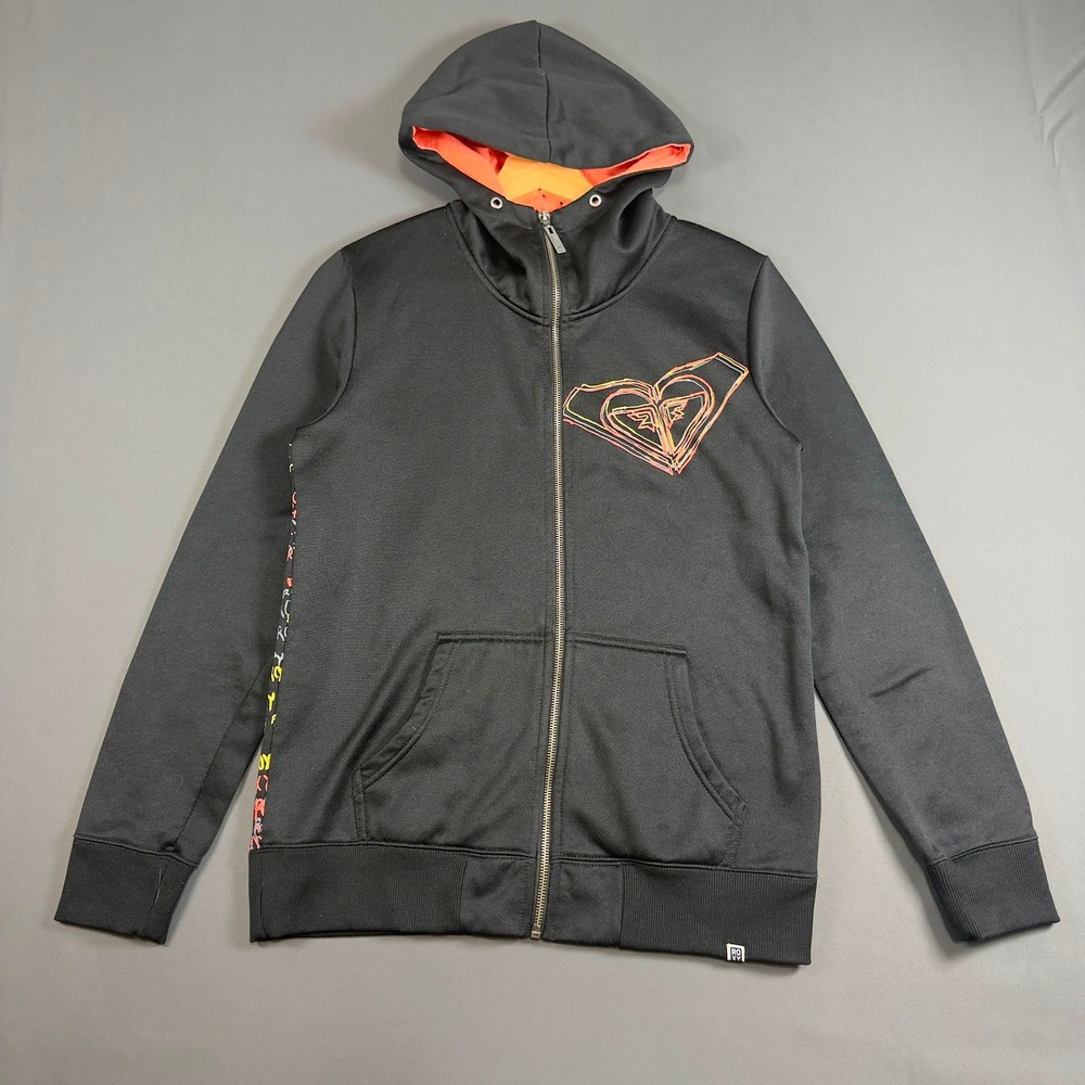 Roxy Full Zip Hoodie Women's Medium Black Graphic Fleece Sweatshirt Jacket